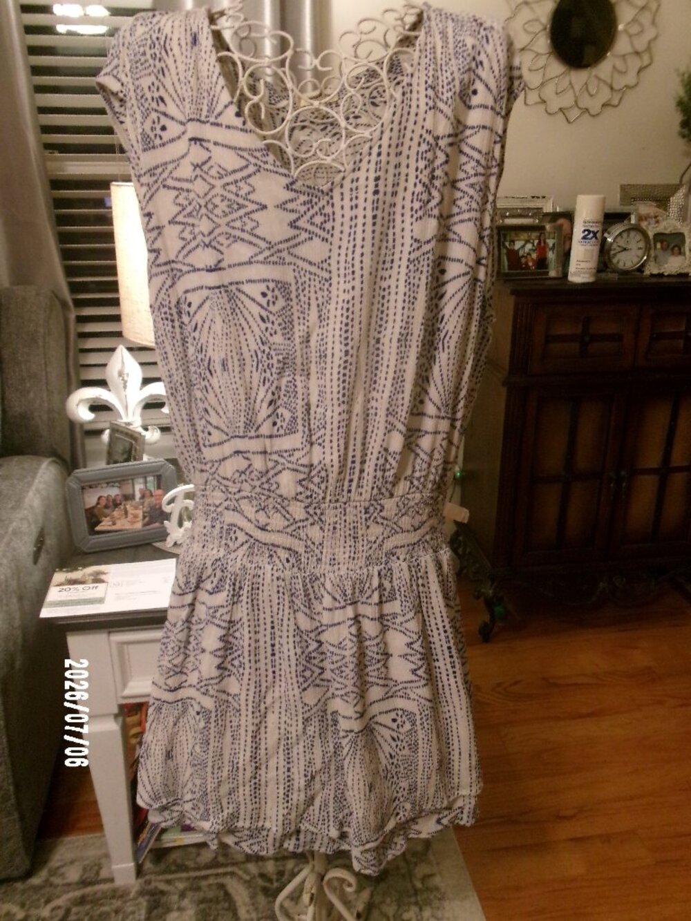 KORI American Womens Drop Waist Dress Cap Sleeve Cream/Blue Size Large